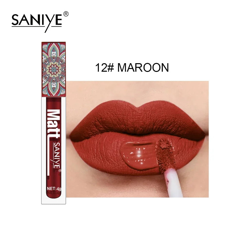 SANIYE Brand Makeup Nude Lip Gloss Waterproof Liquid Matte Lipstick Long Lasting 4G Quick Dry Red Lip Gloss Cosmetics