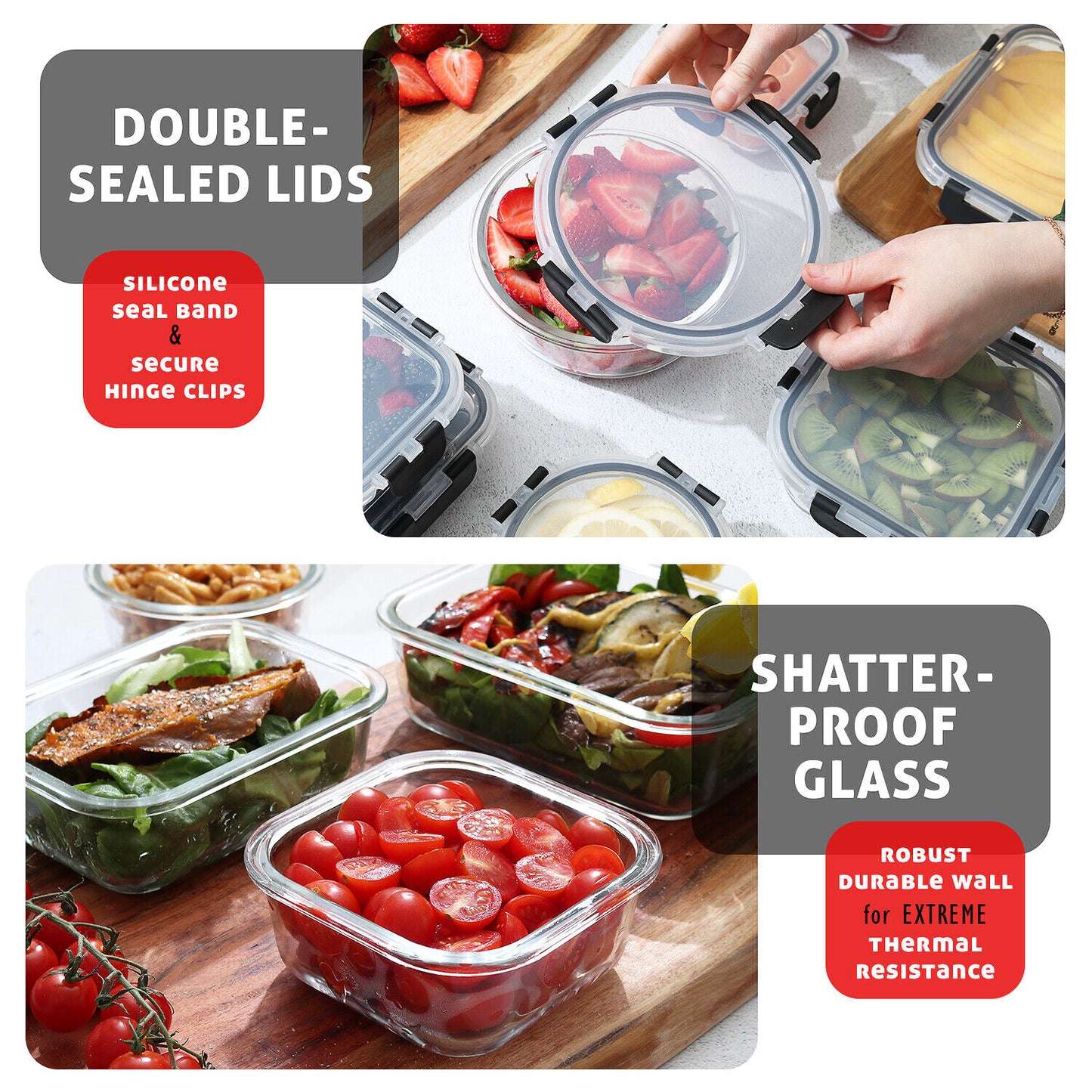 Set of 12-24 Glass Food Storage Containers with Lids, Airtight Glass Containers