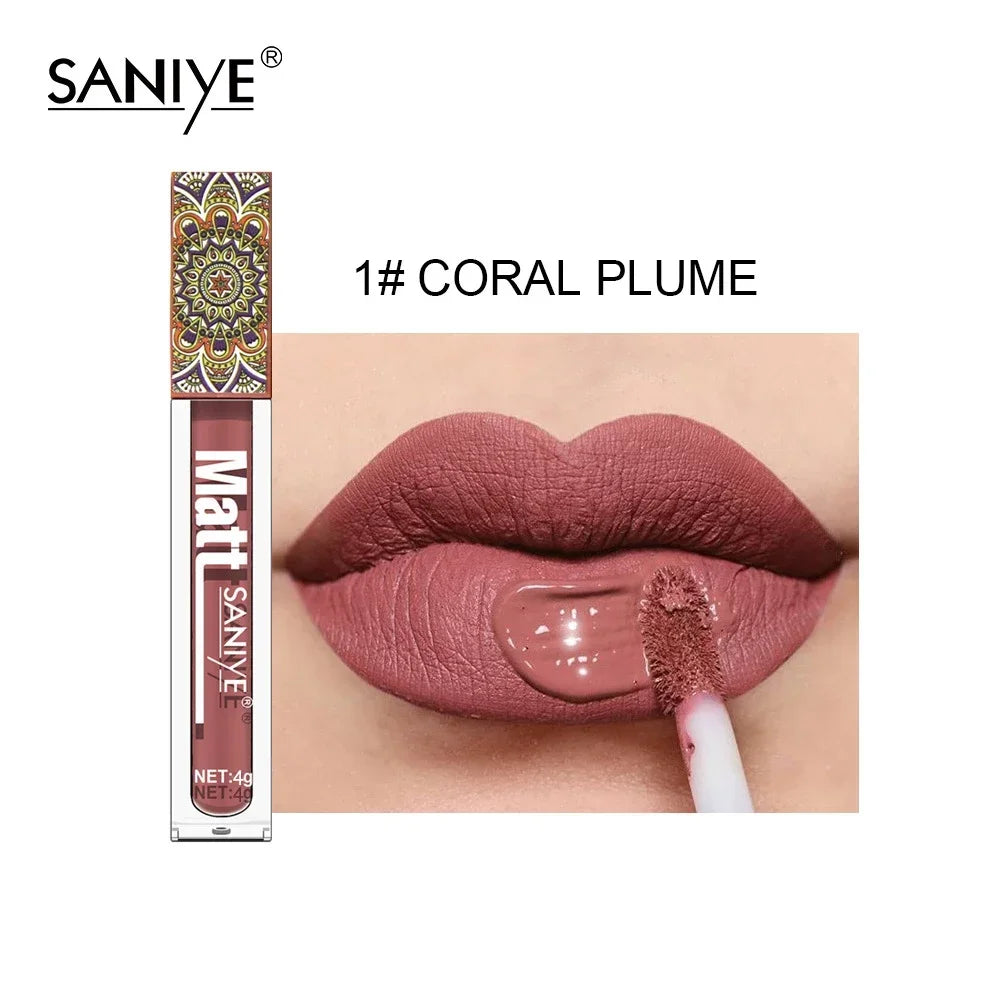 SANIYE Brand Makeup Nude Lip Gloss Waterproof Liquid Matte Lipstick Long Lasting 4G Quick Dry Red Lip Gloss Cosmetics