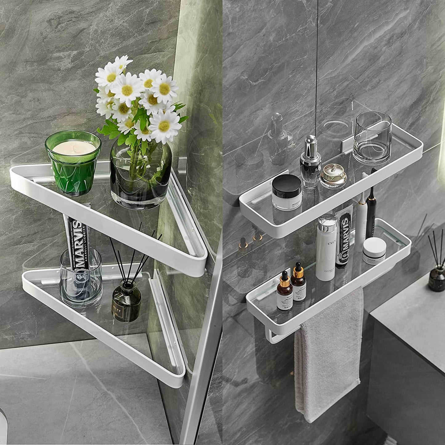 Corner Shower Shelves Glass Bathroom Corner Organizer Shelf Adhesive and Drill Mounted Shower Caddies Shampoo Holder Rust Free Glass Bathroom Shelves with Aluminum Brackets 2 Tier White