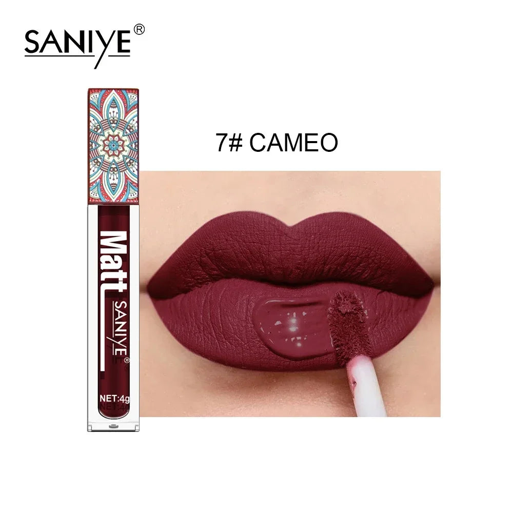 SANIYE Brand Makeup Nude Lip Gloss Waterproof Liquid Matte Lipstick Long Lasting 4G Quick Dry Red Lip Gloss Cosmetics