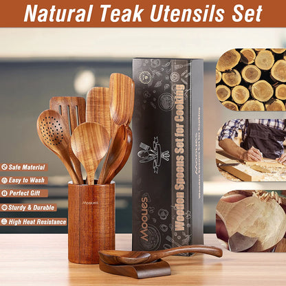 9 Piece Natural Teak Wooden Kitchen Utensil Set with Spoon Rest - Comfort Grip Cooking Spoons and Utensils Holder Utensils Set with Spoon Rest, Comfort Grip Cooking Utensils Set for Kitchen