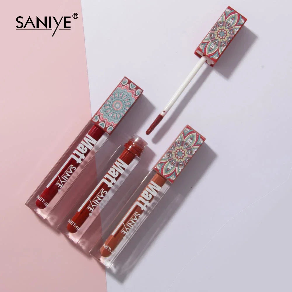 SANIYE Brand Makeup Nude Lip Gloss Waterproof Liquid Matte Lipstick Long Lasting 4G Quick Dry Red Lip Gloss Cosmetics