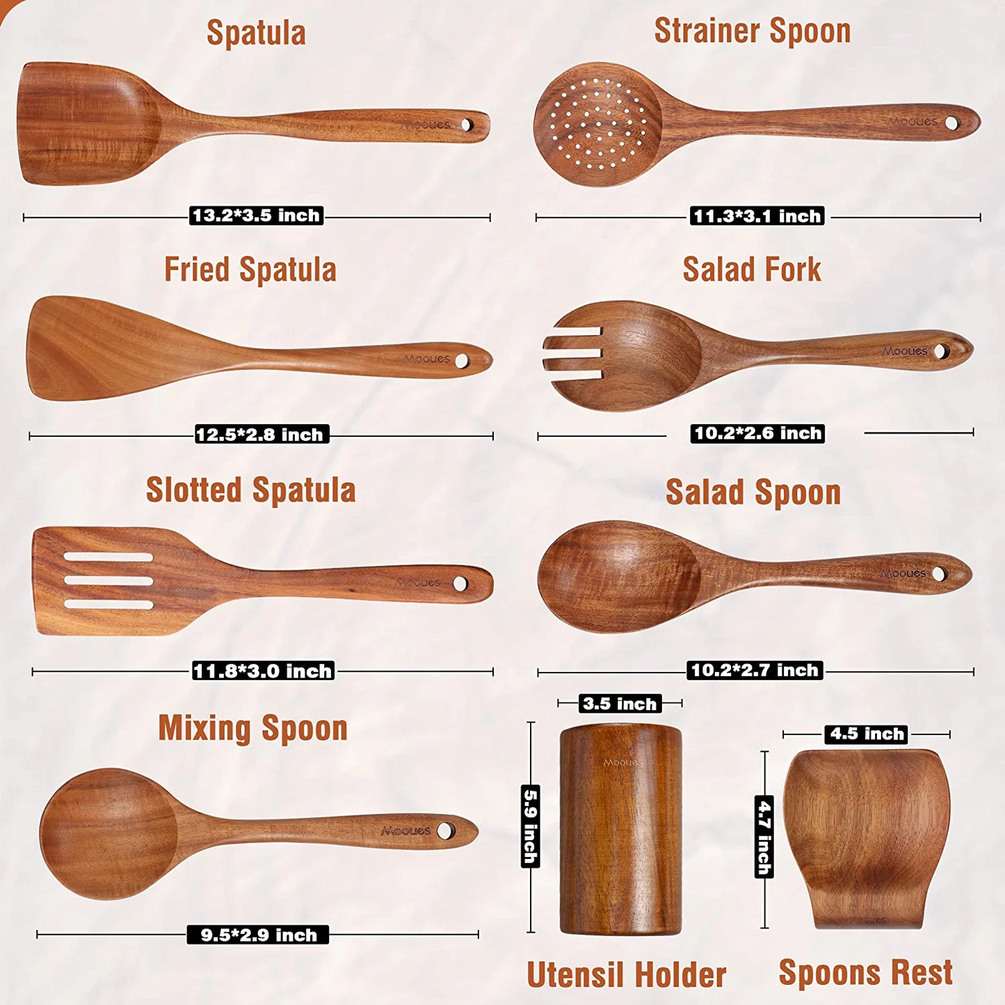 9 Piece Natural Teak Wooden Kitchen Utensil Set with Spoon Rest - Comfort Grip Cooking Spoons and Utensils Holder Utensils Set with Spoon Rest, Comfort Grip Cooking Utensils Set for Kitchen