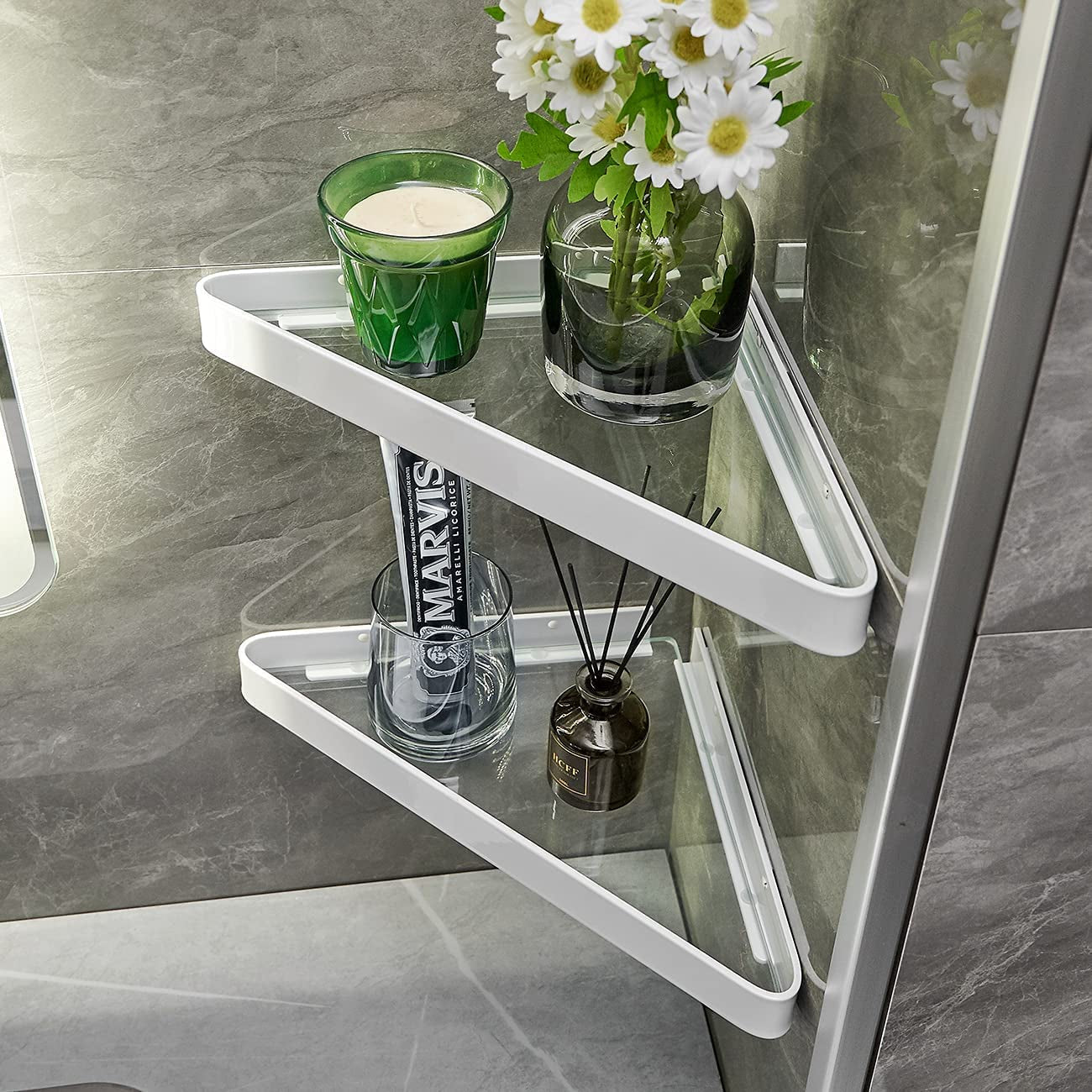 Corner Shower Shelves Glass Bathroom Corner Organizer Shelf Adhesive and Drill Mounted Shower Caddies Shampoo Holder Rust Free Glass Bathroom Shelves with Aluminum Brackets 2 Tier White