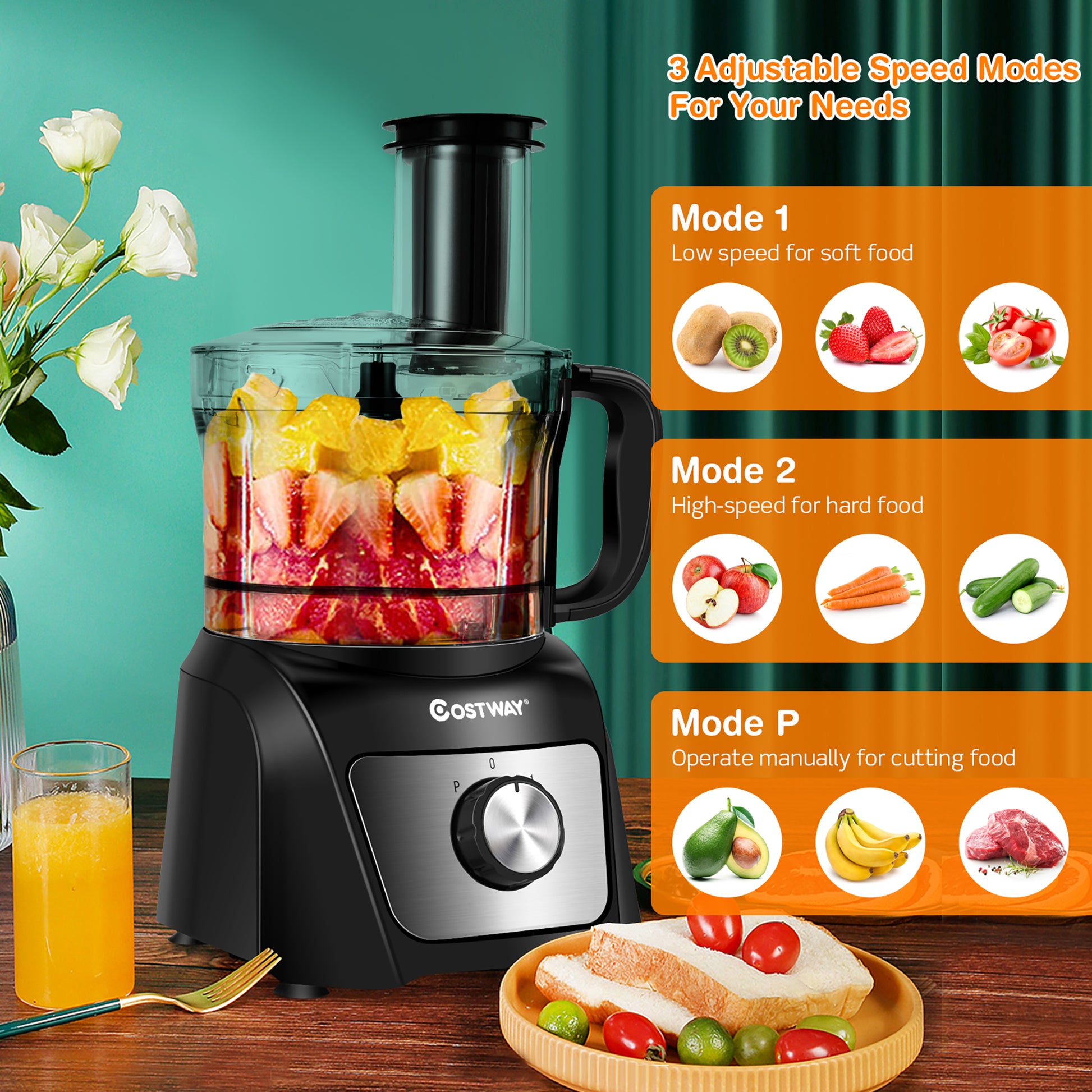 8 Cup Food Processor 500W Variable Speed Blender Chopper W/ 3 Blades