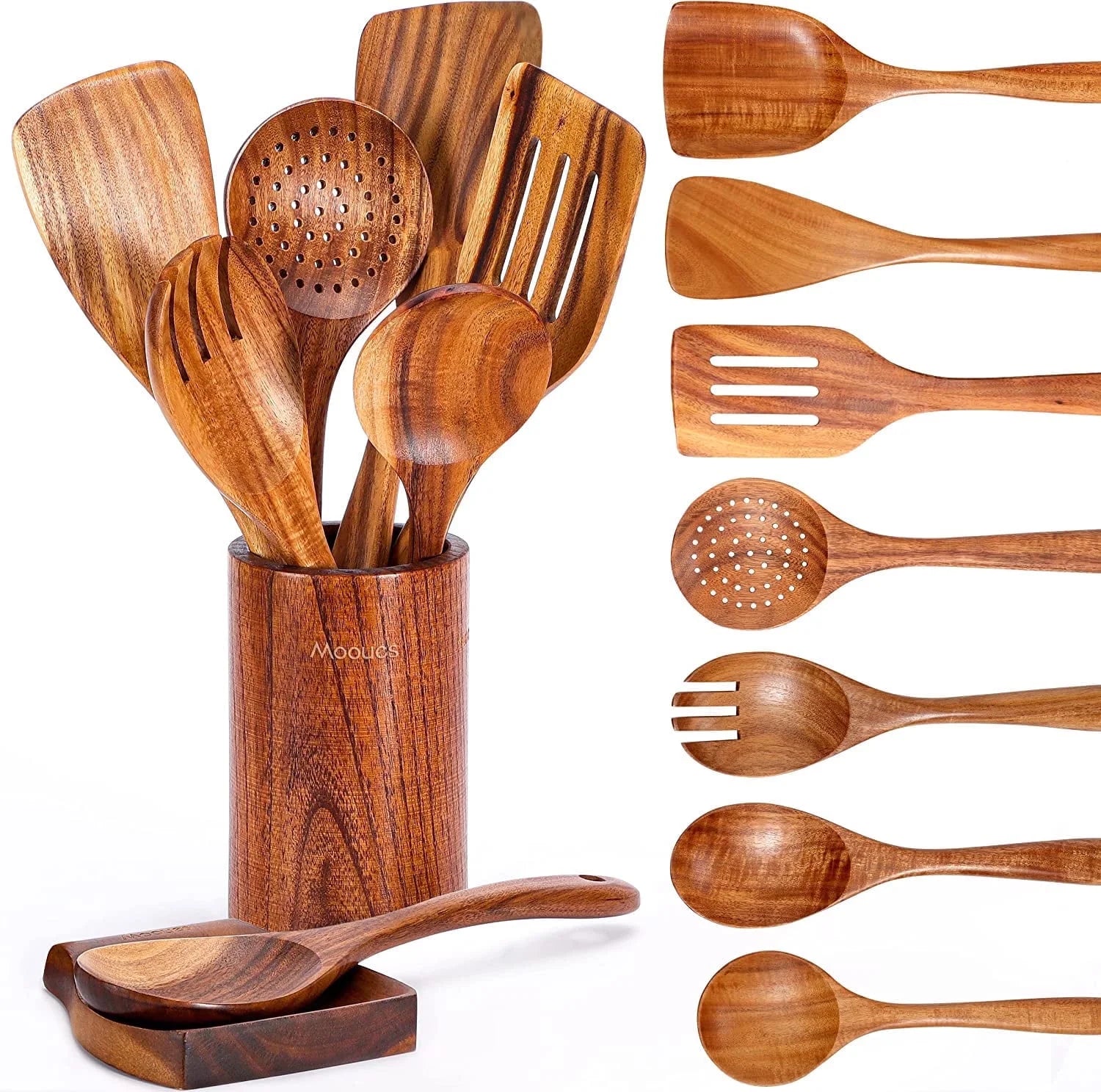 9 Piece Natural Teak Wooden Kitchen Utensil Set with Spoon Rest - Comfort Grip Cooking Spoons and Utensils Holder Utensils Set with Spoon Rest, Comfort Grip Cooking Utensils Set for Kitchen