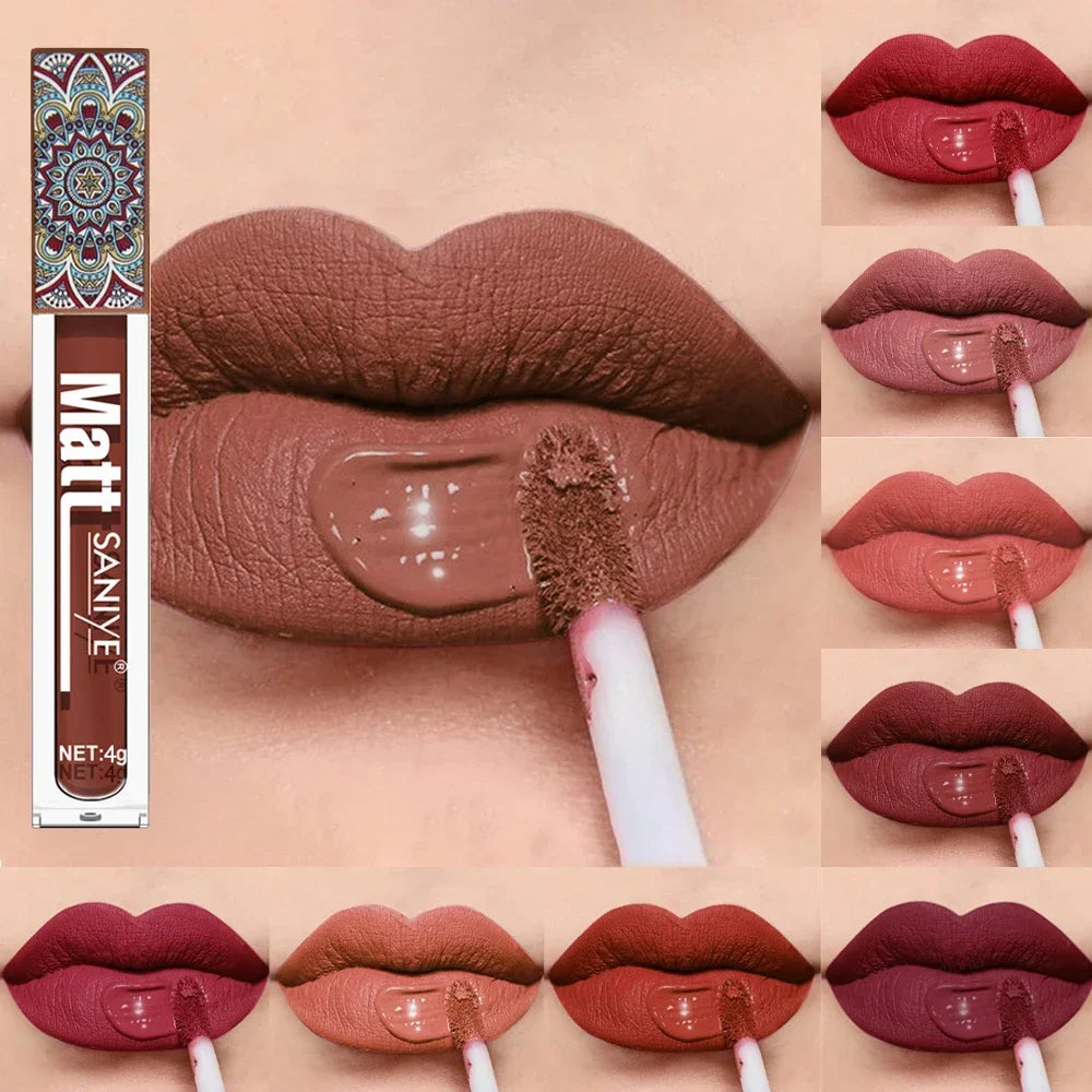 SANIYE Brand Makeup Nude Lip Gloss Waterproof Liquid Matte Lipstick Long Lasting 4G Quick Dry Red Lip Gloss Cosmetics