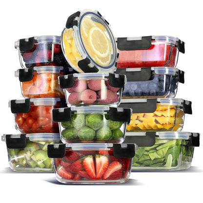 Set of 12-24 Glass Food Storage Containers with Lids, Airtight Glass Containers