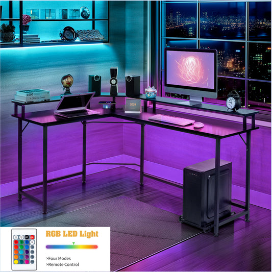 L-Shaped Gaming Desk with USB Wireless Charging, 55" Computer Desk with Monitor Stand, Corner Writing Desk with LED Light, Black